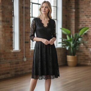Women's Wedding Guest Cocktail Party Semi Formal Wrap V Neck Lace Dress M